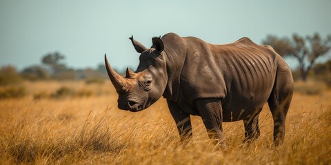 Diceros bicornis standing in savanna grasslands, highlighting wildlife preservation efforts