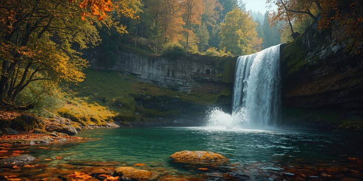 Scenic waterfall amidst dense greenery and rocky terrain, highlighting seasonal change, Earth Day