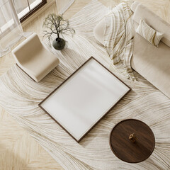 Top view beige Japandi neutral home interior with poster frame mock-up, wooden furniture, and warm daylight as neutral branding mock-up base. 3D illustration.