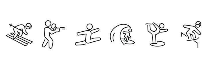 Sports extreme icon set, alpine skiing downhill, cricket wicket keeper, hurdles sprint jump, surfing wave ride, figure skating, snowboarding.