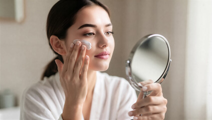 Young Woman Applying Face Cream Looking in Mirror
