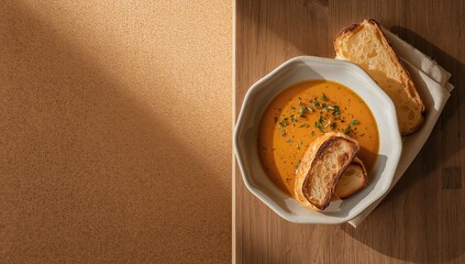 Serving of roasted butternut squash soup with garlic bread, emphasizing seasonal vegetable-based dishes, Autumn Harvest Festival
