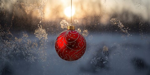 Christmas ornament placed near a frosted window background, winter decor and seasonal lighting, Christmas