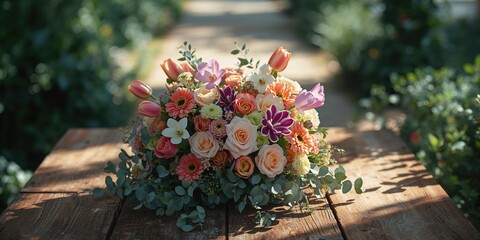 Colorful flower arrangement with tulips, orchids, and eucalyptus, designed for gifting on International Womens Day