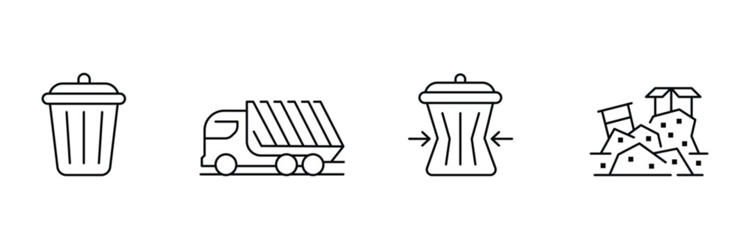 Trash bin waste icon set, garbage container, collection truck, compacting bin arrows, construction demolition debris pile outline vector illustration.