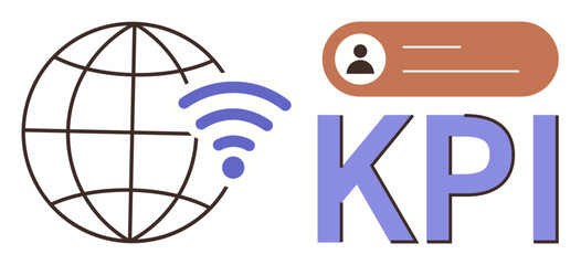 Globe with wireless signal, user profile icon, and KPI text highlight performance metrics, data analysis, management, productivity, technology, communication, and engagement in a simple flat metaphor