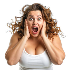Surprised woman with curly hair in white tank top expressing shock and disbelief against a transparent background