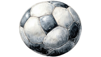 A close-up watercolor painting of a classic black and white soccer ball