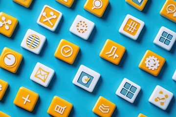 Grid of colorful app icons on a blue background