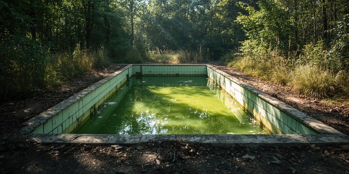 Outdoor swimming pool with stagnant green water, water quality and maintenance issues