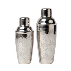 Two ornate metal cocktail shakers, one tall, one short, against black