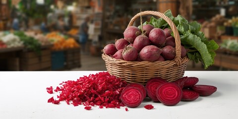 Fresh beetroot arranged at a traditional market stand for shoppers