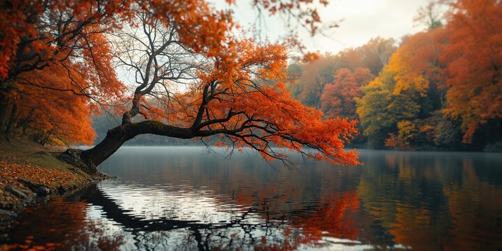 Fall scenery mirrored in a lake, showcasing seasonal foliage and tranquil water surface