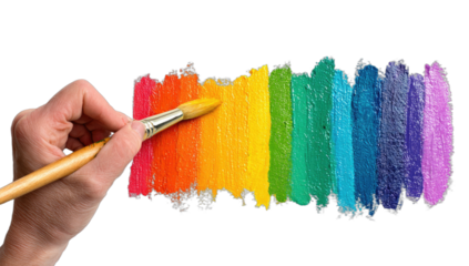 Hand holding paintbrush creating a vibrant rainbow stripe of thick paint