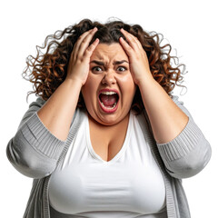 Woman in distress with curly hair holding her head, expressing frustration and anxiety in a dramatic and emotional manner