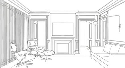 Black and White Monoline Architectural Vector Drawing of a Luxurious Classic Living Room Interior with Paneled Walls, Fireplace, Sofa, and Lounge Chair