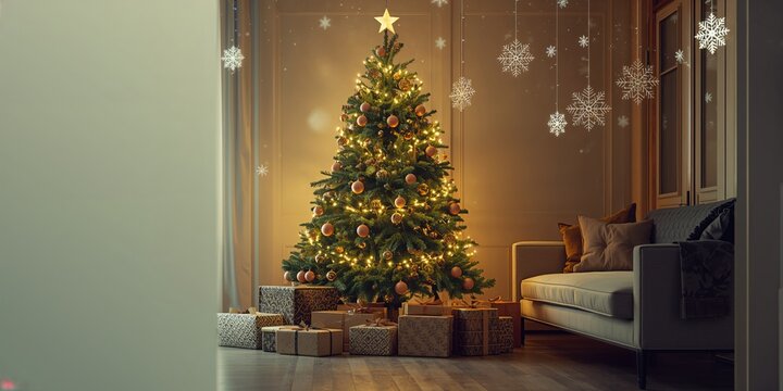 Festive Christmas setting featuring a decorated tree and seasonal accessories, holiday spirit - Powered by Adobe