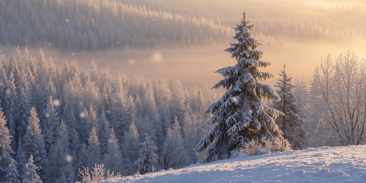 Snowy forest scene in winter with vibrant colors, serving as a seasonal landscape background