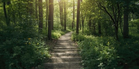 Obraz premium Concrete stairway surrounded by lush forest, natural erosion risk, Earth Day