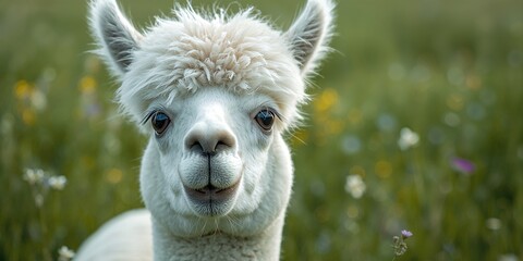 Obraz premium White alpaca gazing directly with expressive eyes in a vibrant green field, suitable for wildlife or nature themes