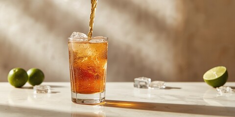 Chilled ginger beer highball with Anejo rum, cocktail preparation and drink serving techniques