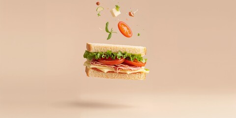 Sandwich with layered ingredients, fresh produce and meat, suitable for a quick meal, no holiday observed