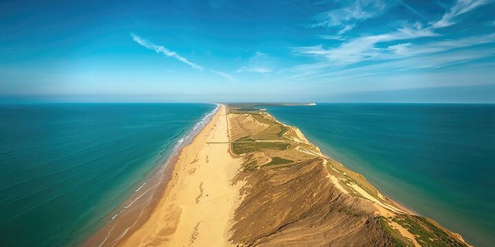 Aerial perspective of WWII landing zones at Pointe du Hoc, focusing on erosion risk and coastline stability