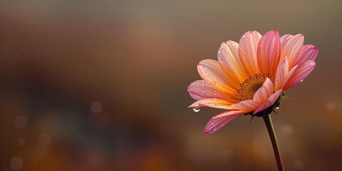 Vivid flower with water droplets against a blurred highland landscape, suitable for nature-themed design