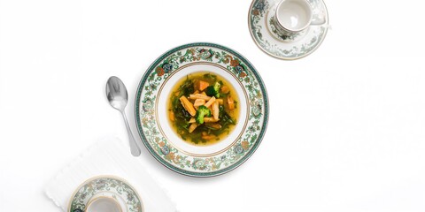 Colored ceramic soup plate on a striped napkin used as a table setting, neutral background