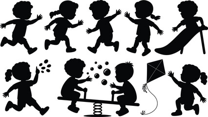 Obraz premium Silhouette children playing outdoors, kids running sliding blowing bubbles flying kite and playing on seesaw in active preschool playground activity scene illustration