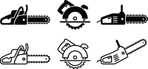 Chainsaw and Power Saw Icon Set Vector &ndash; Minimalist Electric and Circular Woodcutting Tool Silhouettes