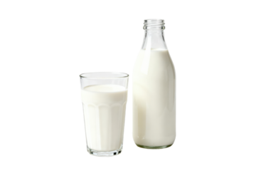 Glass bottle and glass of fresh white milk