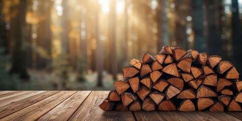 Dry firewood stacked on a natural wooden background, highlighting seasonal firewood storage practices
