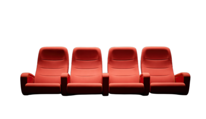 Four empty, plush red theater seats illuminated in a dark room