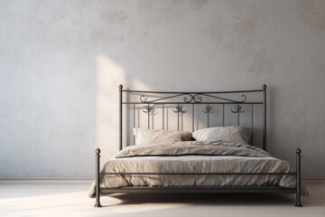 A wrought iron bed with pillows and bedding is positioned against a textured wall.