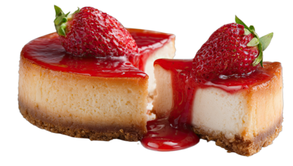 A delicious cheesecake with strawberry topping is sliced