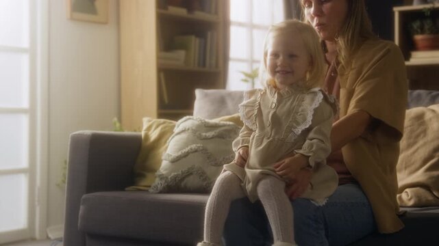 Medium shot of young mother bouncing cute little girl in lap and playing with daughter smiling happily while sitting on couch at home, copy space