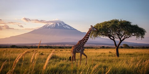 Wildlife scene with giraffes and acacia trees in a savannah setting, natural habitat for editorial headers