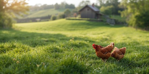 Chickens grazing on a traditional organic free-range farm, natural feeding practices