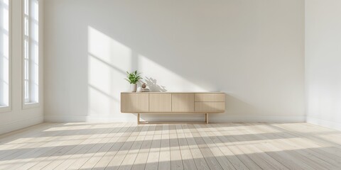 Minimalist cabinet setup in a blank space with white wall, serving as a background for architectural visualization