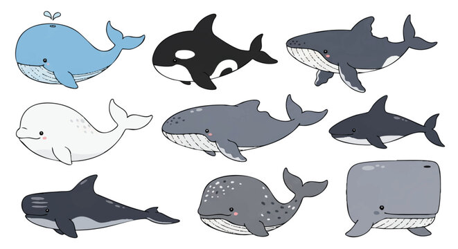 Adorable collection of marine mammal whale species set, including blue whale, orca, beluga, and humpback whale, rendered in a cheerful 2D flat vector illustration on a clean white background.