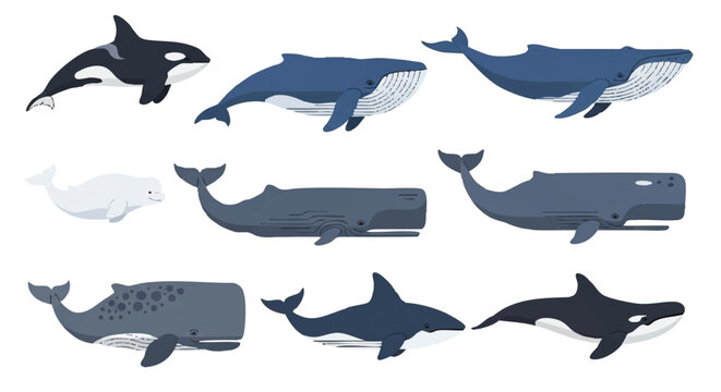 Flat 2D vector illustration collection of diverse marine whale species including the orca, blue whale, humpback, beluga, and sperm whale, presented simply on a clean white background.