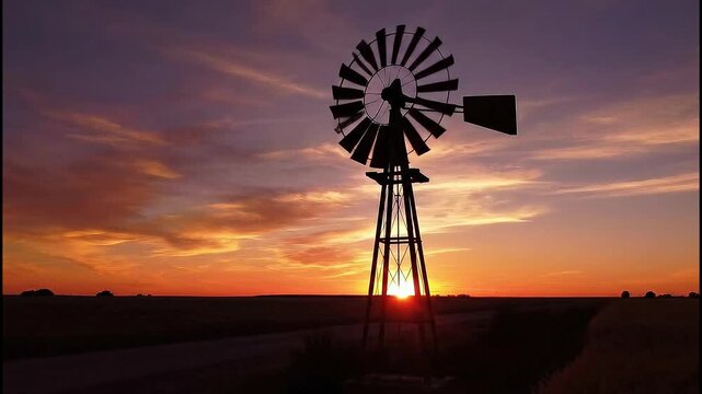 Rustic Windmill Silhouette Against a Fiery Sunset in the Kansas Plains