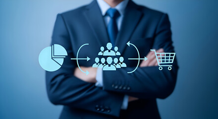 Businessman in suit displays digital marketing funnel icons representing data analysis customer segmentation and ecommerce conversion strategy against blue background