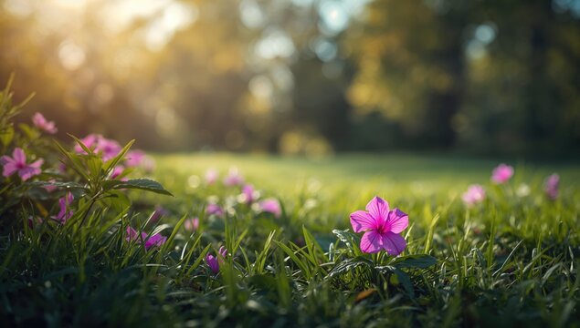 Vivid pink periwinkle flower surrounded by greenery and other blooms, suitable for floral pattern layout