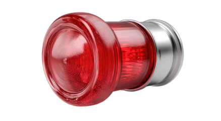 Close-up of a shiny, red, translucent warning light with a metallic base