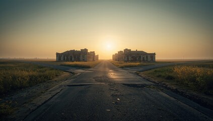 Derelict structures at an intersection adjacent to a damaged military road in the field, urban decay preservation