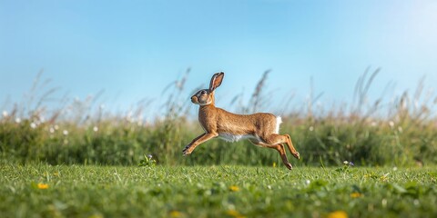 Hare sprinting across a lush green meadow, movement and agility, Earth Day
