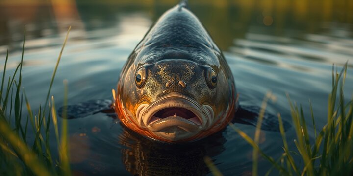 Fresh carp fish head macro shot, highlighting scale and tissue structure for educational use