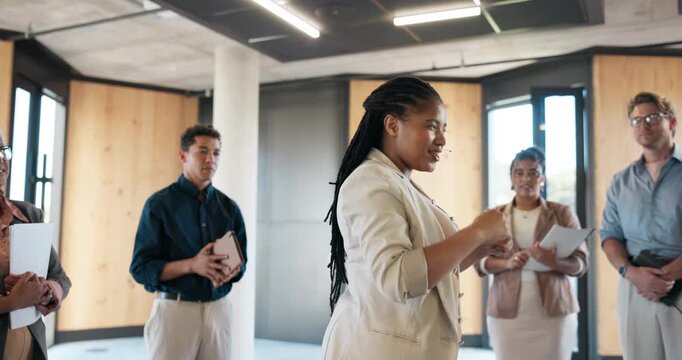 Business, workshop or speaker in circle with training, motivation or expo in skills development. Corporate, group of people at seminar with speech, engagement or empowerment for professional growth.